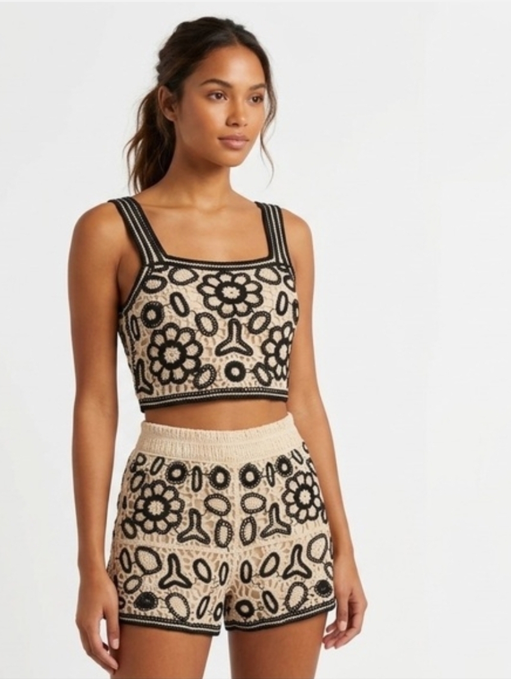 Rebellion Set Cream Crochet Crop Top And Short Pants Black Floral Trim. Size S